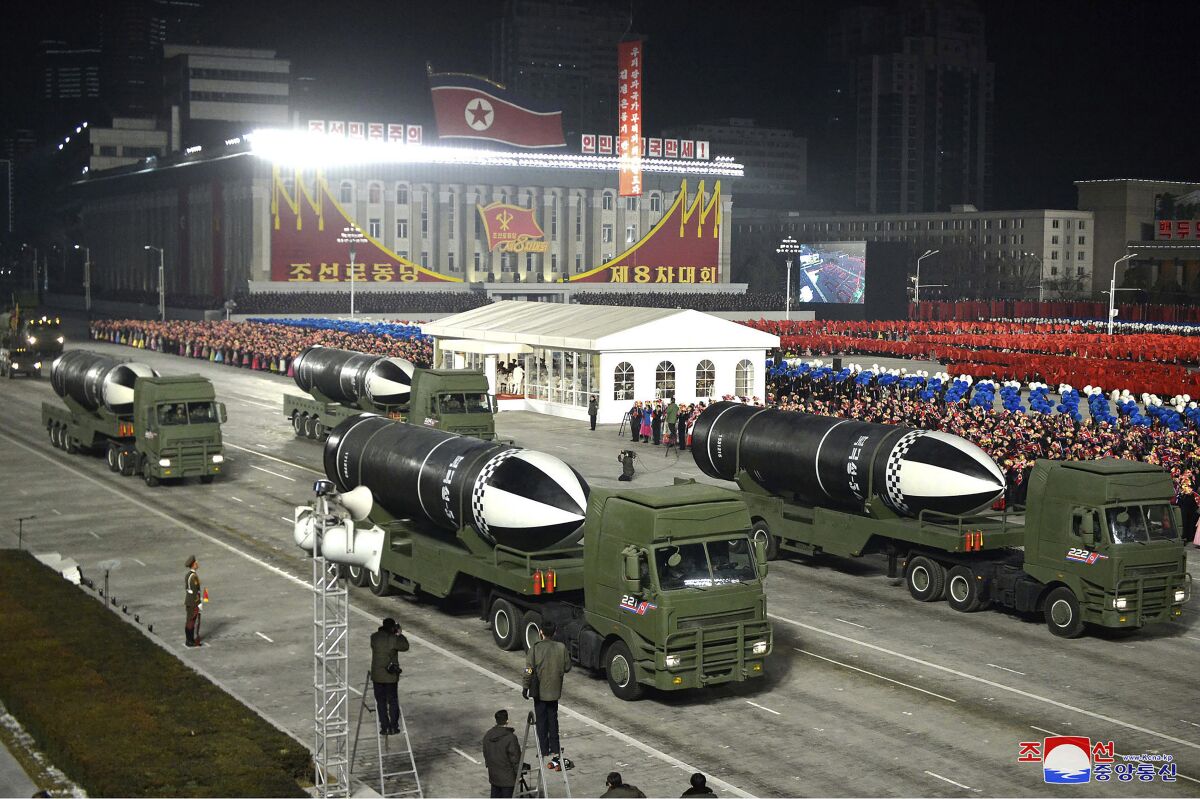 FILE - This photo provided by the North Korean government shows missiles during a military parade marking the ruling party congress, at Kim Il Sung Square in Pyongyang, North Korea on Jan. 14, 2021. Independent journalists were not given access to cover the event depicted in this image distributed by the North Korean government. The content of this image is as provided and cannot be independently verified. Korean language watermark on image as provided by source reads: "KCNA" which is the abbreviation for Korean Central News Agency. (Korean Central News Agency/Korea News Service via AP, File)