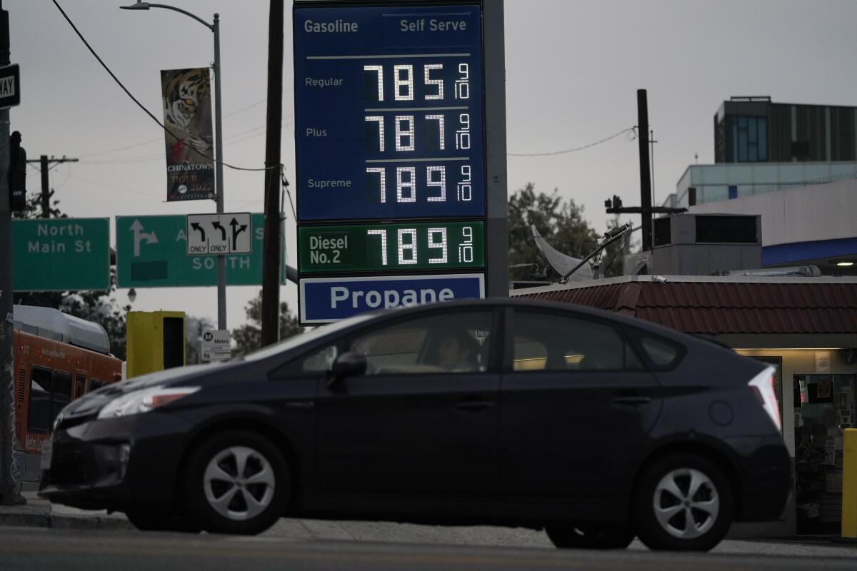 FILE - High gas prices are shown in Los Angeles, June 16, 2022. A new poll from The Associated Press-NORC Center for Public Affairs Research shows an upheaval in priorities just months before critical midterm elections. (AP Photo/Jae C. Hong, File)