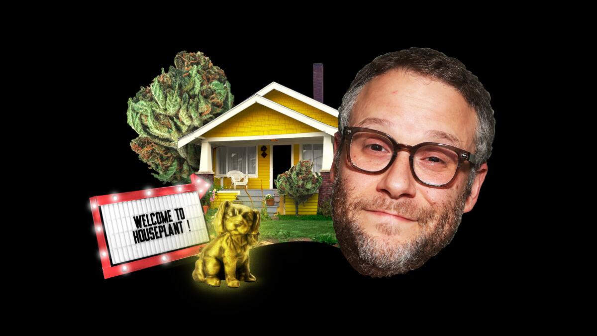A collage illustration of Seth Rogen with a yellow house, golden dog and tree sized cannabis bud.