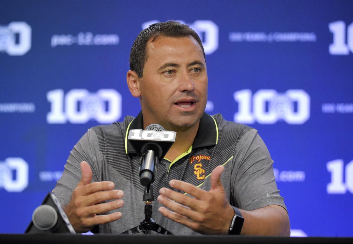 USC Coach Steve Sarkisian speaks to reporters during Pac-12 Football Media Days on July 31, 2015.