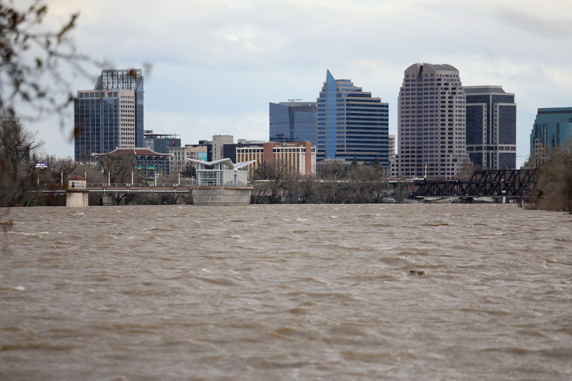 View of downtown Sacramento from the homeless camp on Bannon Island.