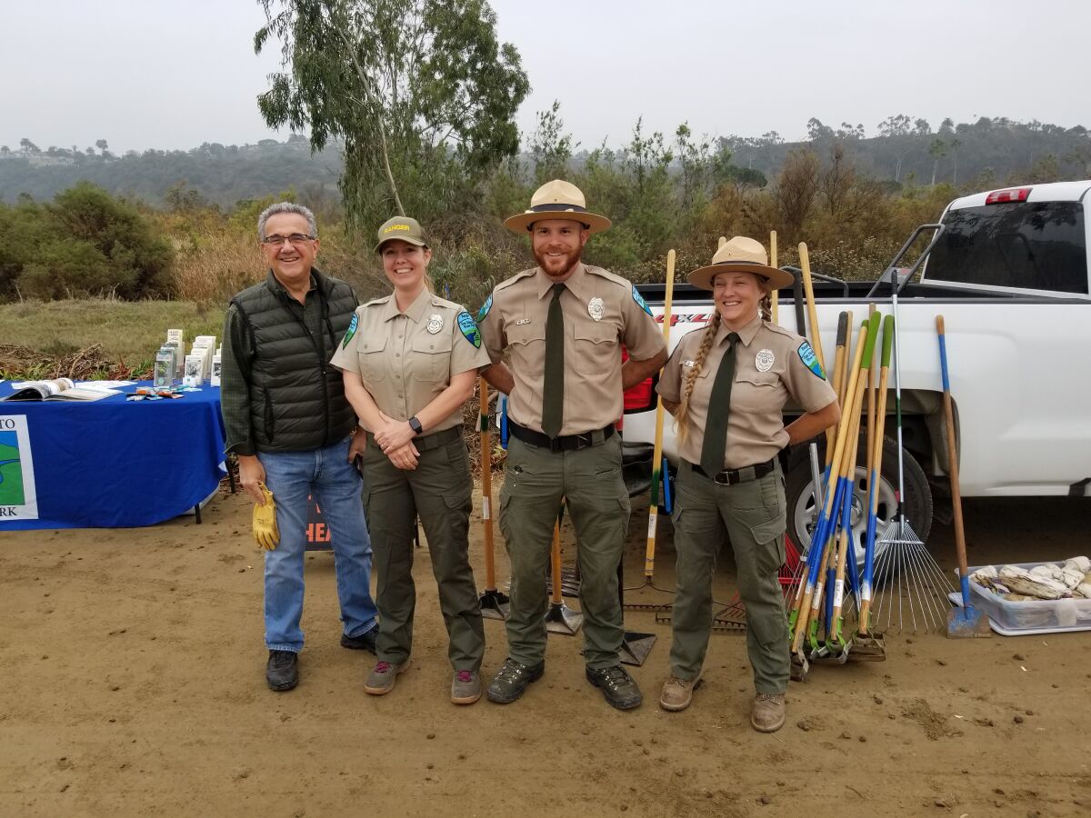 San Diego City Councilmember Joe LaCava with San Dieguito River Park rangers Leana, Nate and Avary.