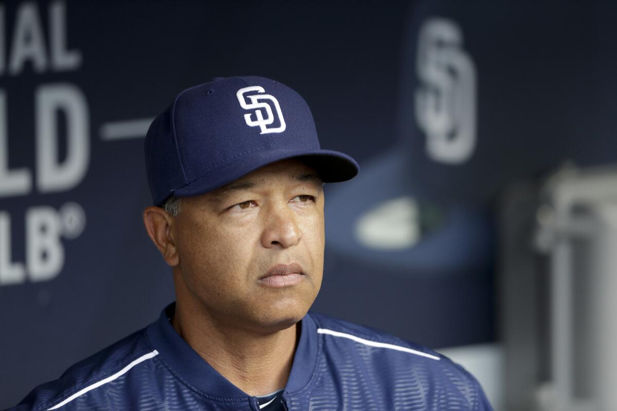 Padres Manager Dave Roberts looks on from the dugout before a game with the Athletics on June 15. Roberts was named manager of the Dodgers on Tuesday.