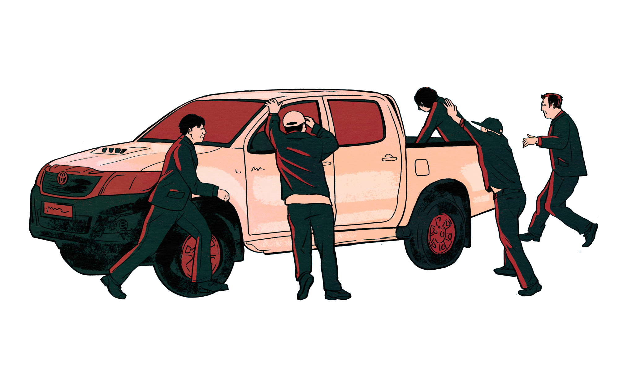 An illustration showing survivors of the shooting flee the ballroom into a truck.