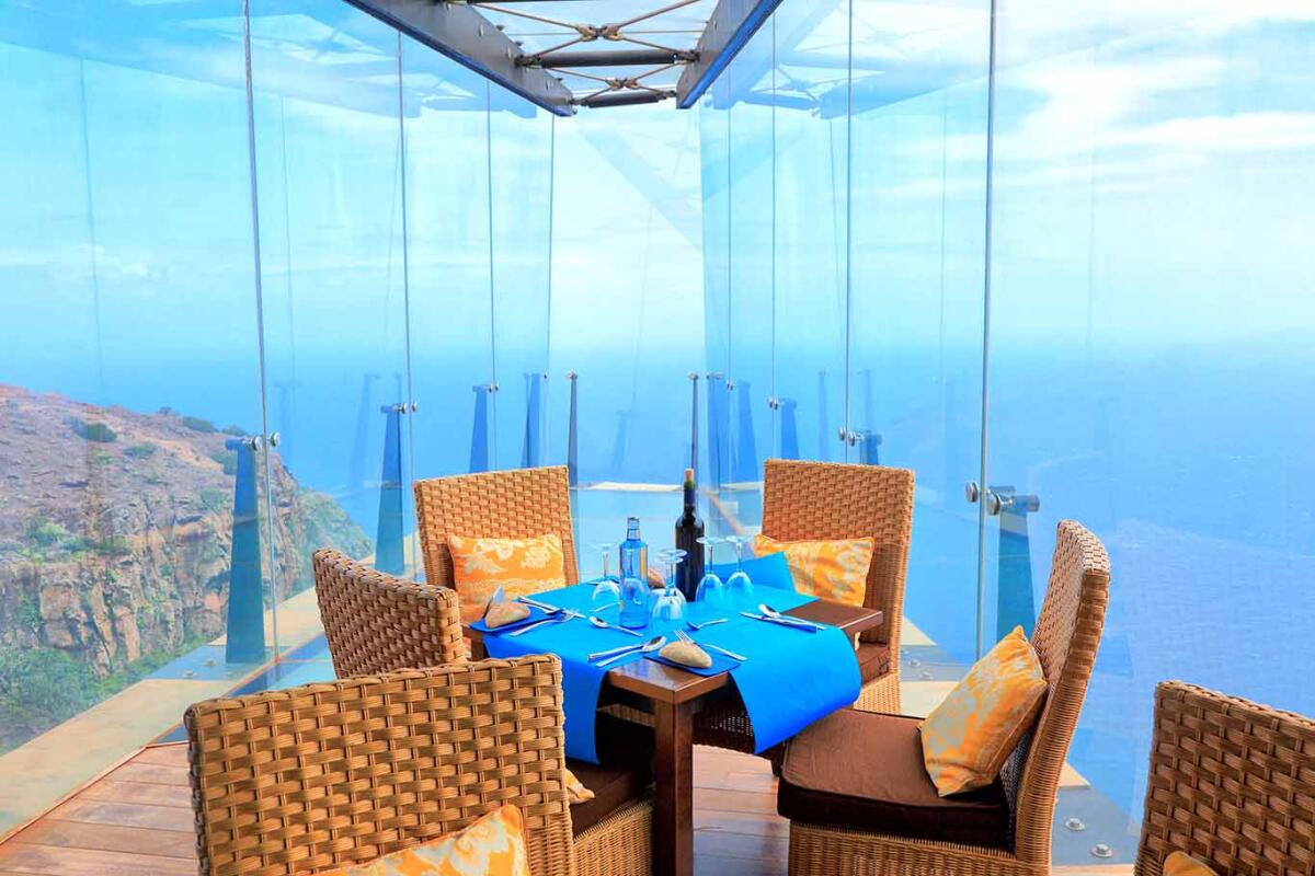 Mirador de Abrante viewpoint and restaurant with glass observation balcony above Agulo village.