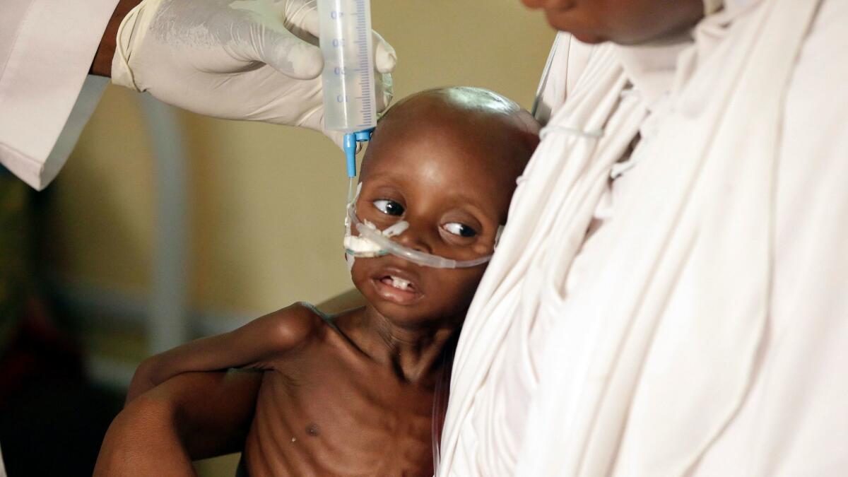 A doctor feeds a malnourished child in Maiduguri, Nigeria, in 2016.