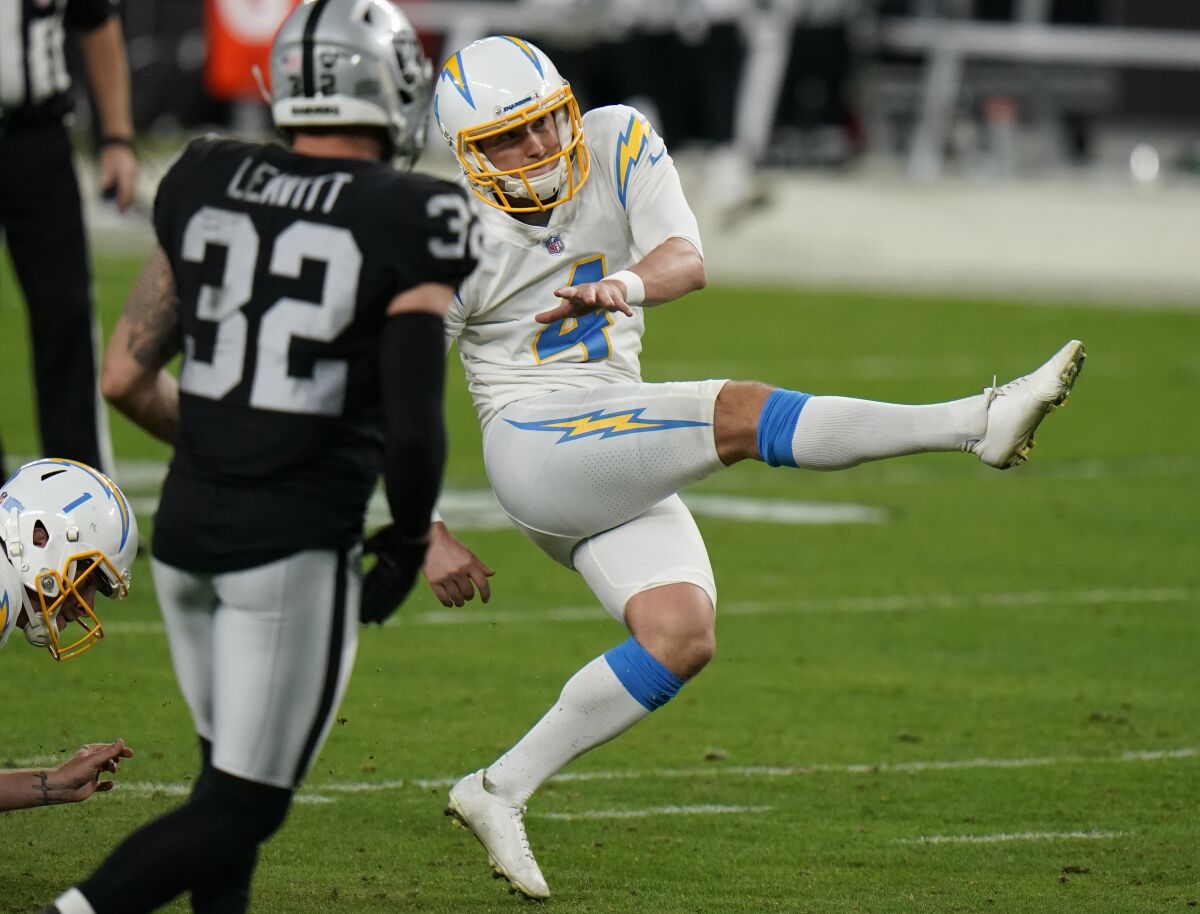 Chargers kicker Michael Badgley misses a field-goal attempt in the fourth quarter.