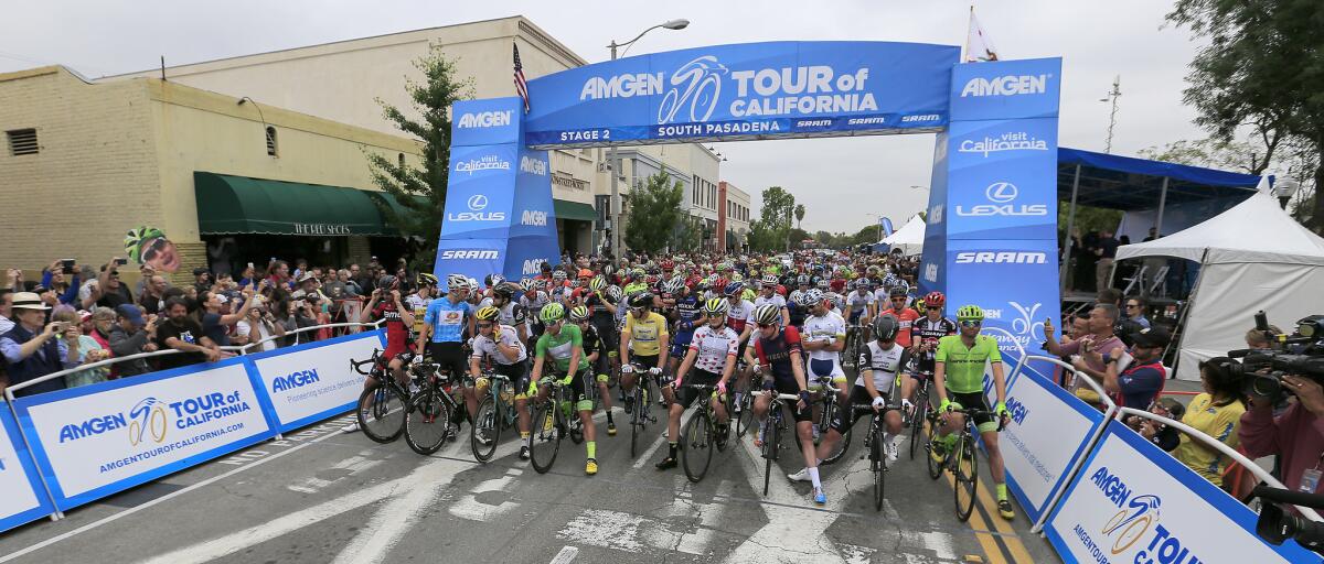 Racers prepare to start a stage of the 2016 Amgen Tour of California in South Pasadena. Julian Alaphilippe of France won the 2016 tour.