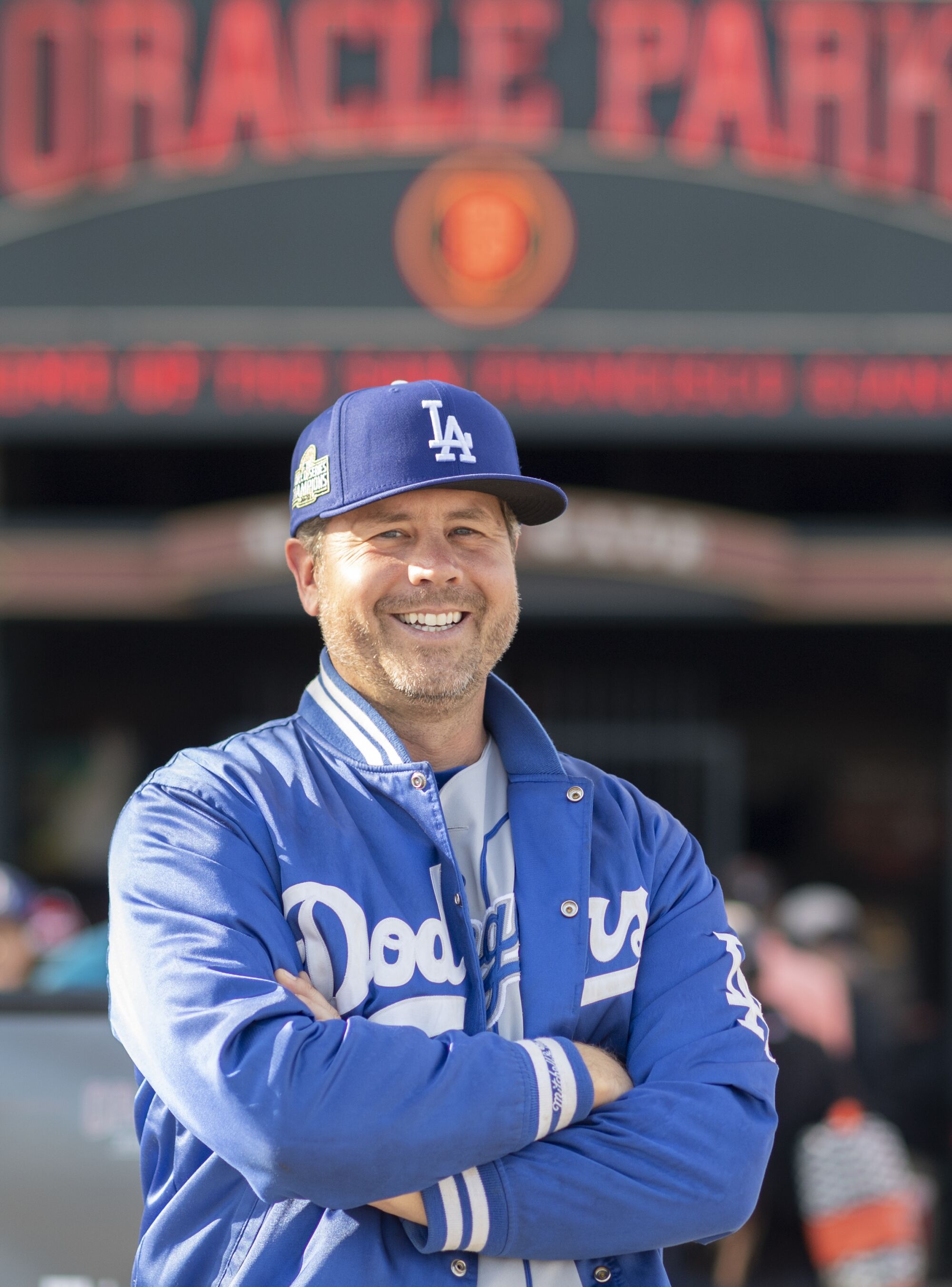 Dodgers fan Steve Mariani in a Dodgers hat and jacket.