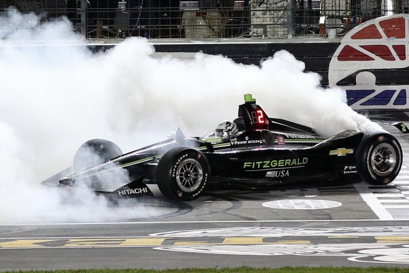FORT WORTH, TEXAS - JUNE 08: Josef Newgarden of the United States, driver of the #2 Fitzgerald USA Team Penske Chevrolet, celebrates with a burnout after winning the NTT IndyCar Series DXC Technology 600 at Texas Motor Speedway on June 08, 2019 in Fort Worth, Texas. (Photo by Chris Graythen/Getty Images) ** OUTS - ELSENT, FPG, CM - OUTS * NM, PH, VA if sourced by CT, LA or MoD **