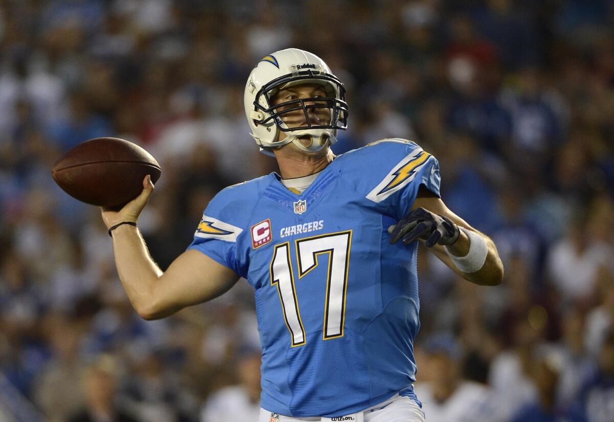 San Diego quarterback Philip Rivers makes a pass during the Chargers' 19-9 victory over the Indianapolis Colts on Monday night.