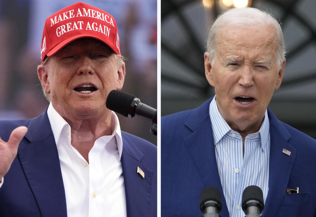 Donald Trump, left, and Joe Biden, right, both in blue suits, Trump in a MAGA hat 