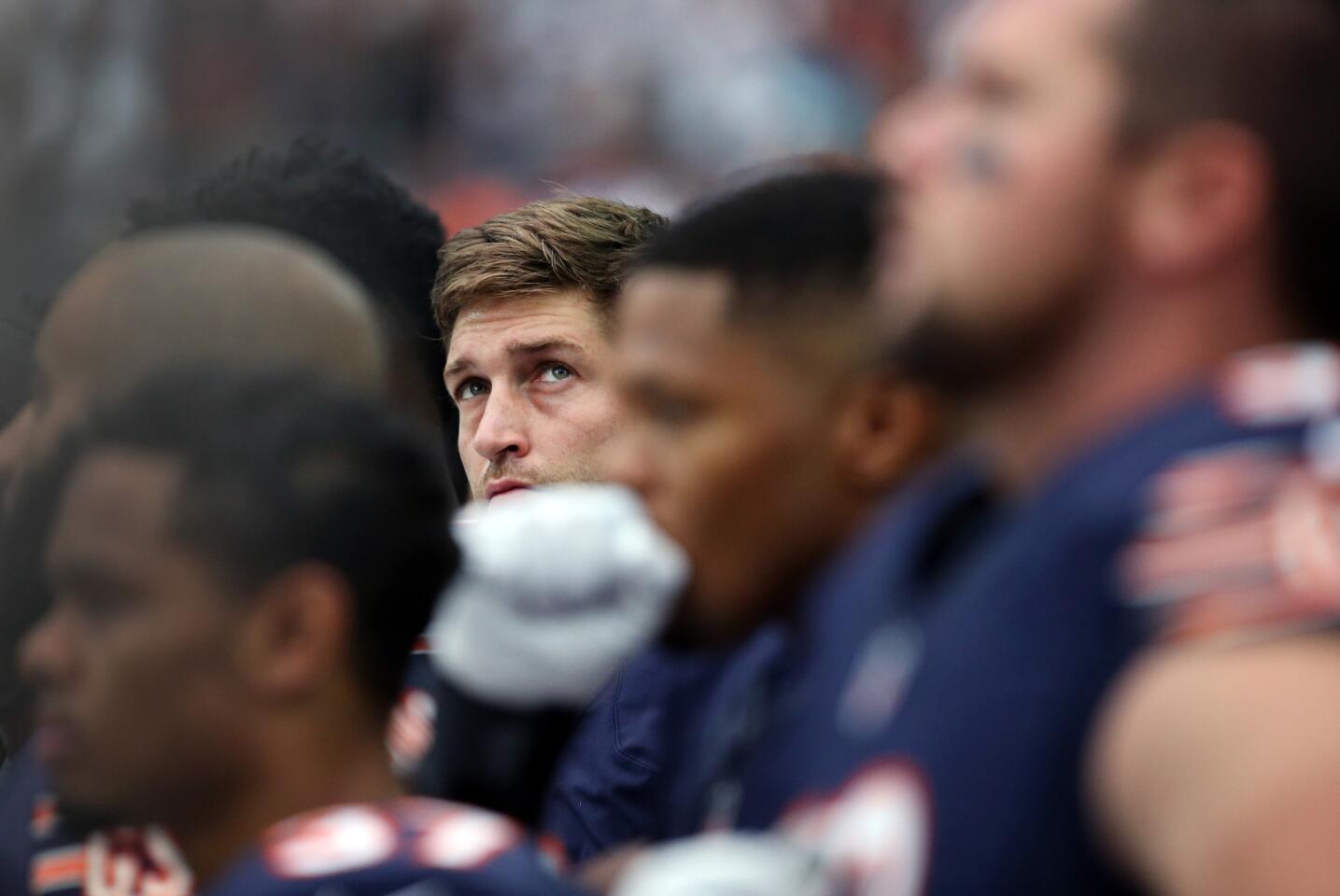 Jay Cutler looks up at the video board, during pregame ceremonies before the start of the season operner against the Texans at NRG Park on Sept. 11, 2016.