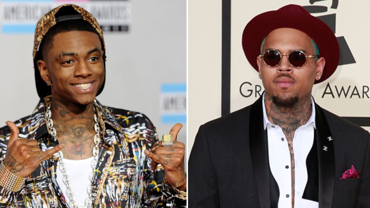 TMZ says rapper Soulja Boy, left, and R&B singer Chris Brown are gearing up for a boxing match after a social media war.