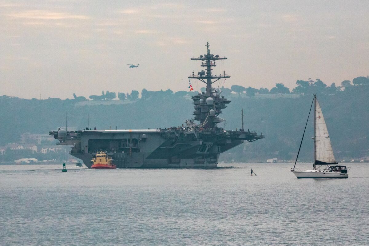 The USS Theodore Roosevelt leaves San Diego Harbor. 