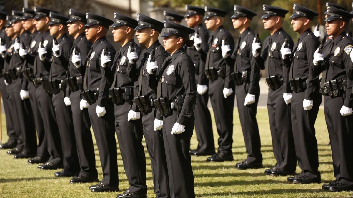 A graduation exercise for new police officers at the Los Angeles Police Academy in April.