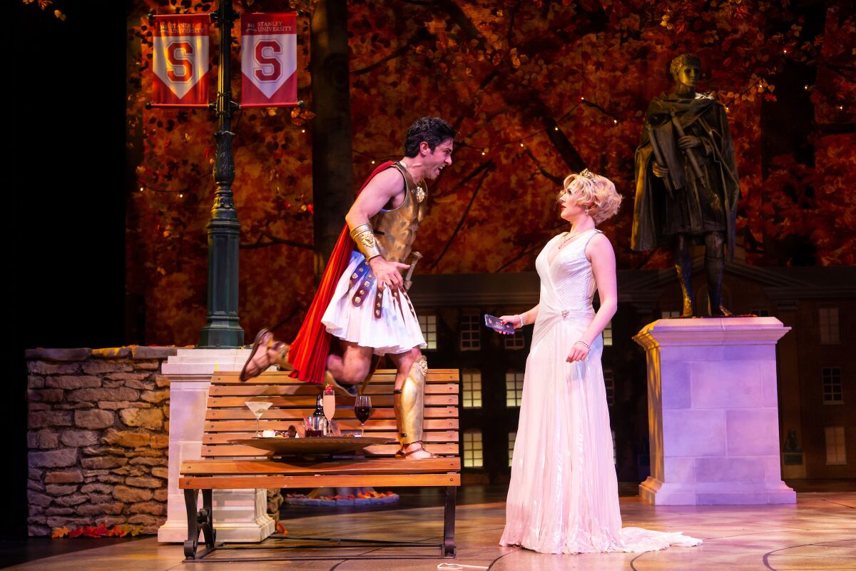 George Psomas as Aristide and Steffanie Leigh as Brooklyn in "Ken Ludwig's The Gods of Comedy."