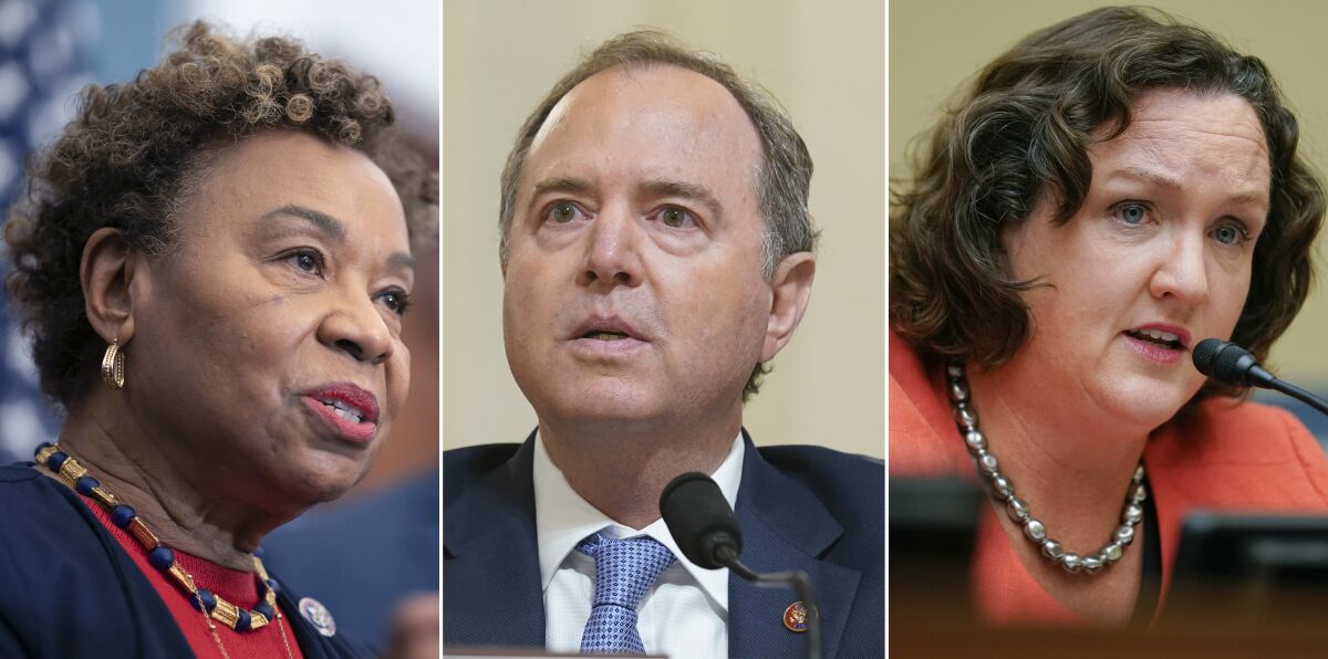 Side-by-side photos of Barbara Lee, Adam Schiff and Katie Porter speaking, pictured from the shoulders up