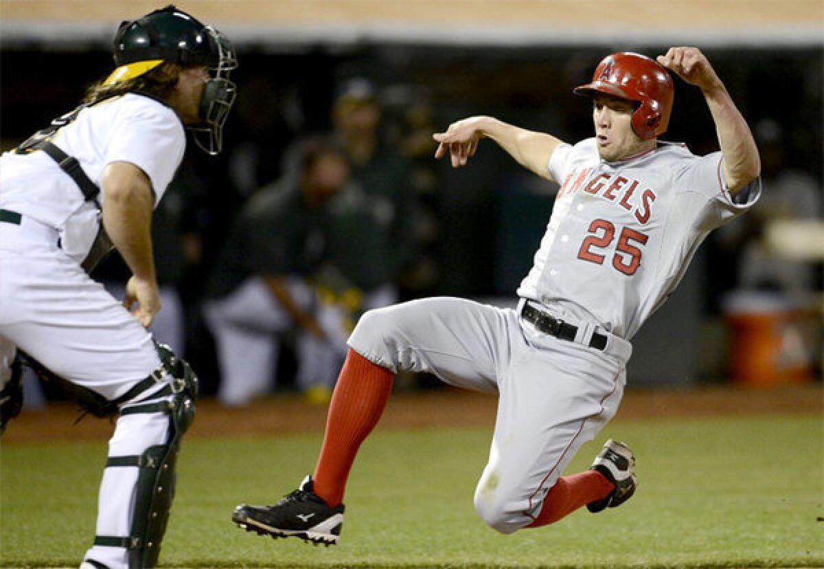 Angels outfielder Peter Bourjos strained his left hamstring during the team's 19-inning loss to the Athletics early Tuesday morning.