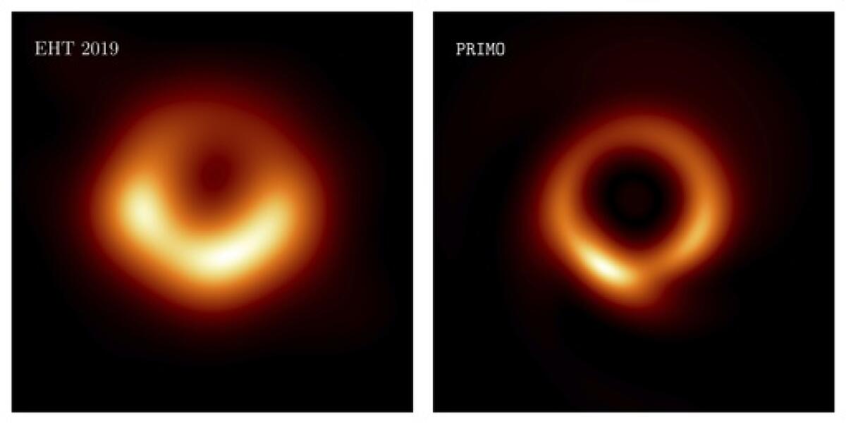 Esta combinación de imágenes de la investigadora Lia Medeiros muestra imágenes del agujero negro M87 