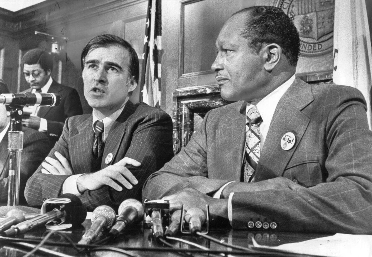 Gov. Jerry Brown and Mayor Tom Bradley discuss water issues and the drought in the mayor's City Hall conference room in 1977.