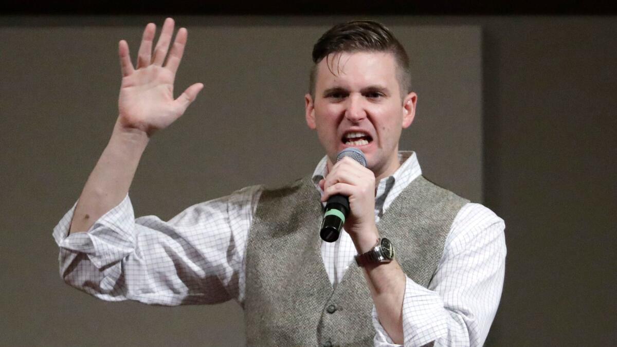 Richard Spencer, a leader in the fringe movement that mixes racism, anti-Semitism and populism, speaks at the Texas A&M University campus in College Station in December 2016.