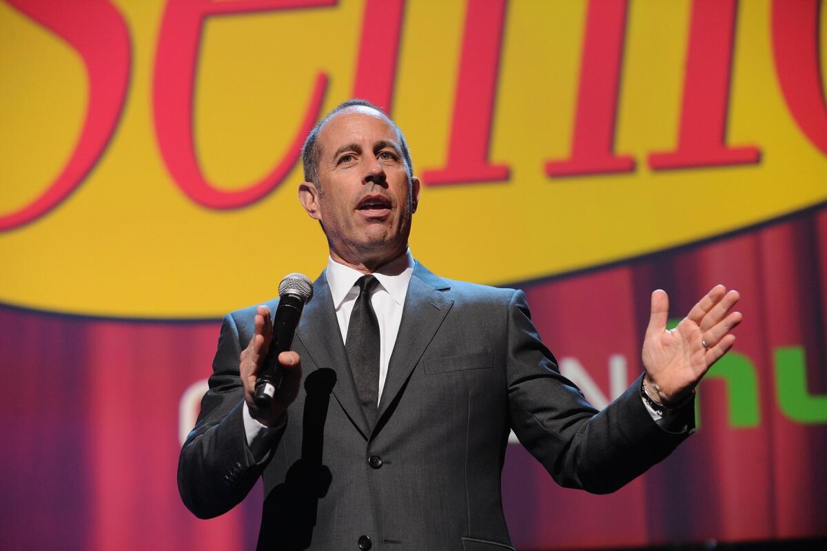 Jerry Seinfeld speaks at the 2015 Hulu Upfront presentation April 29,