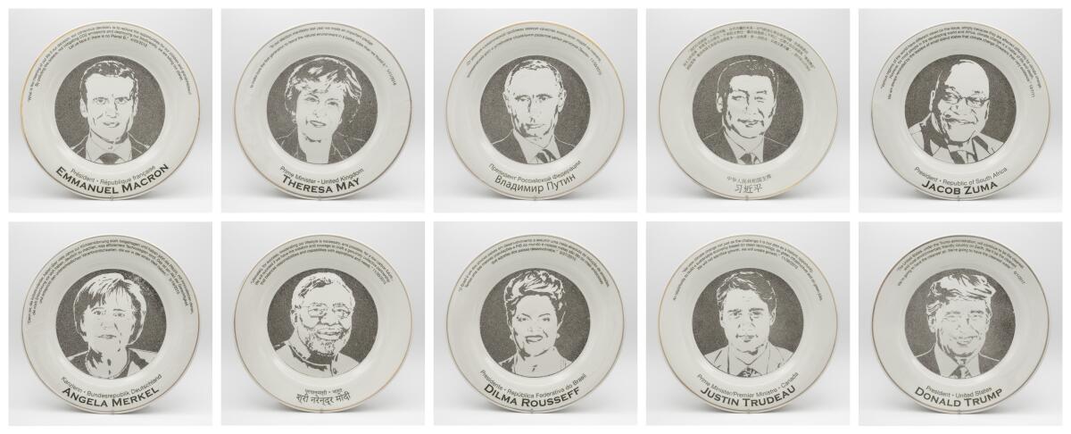 Smog Collectors plates featuring 10 world leaders who presented speeches at world climate summits from 2011 to 2018.