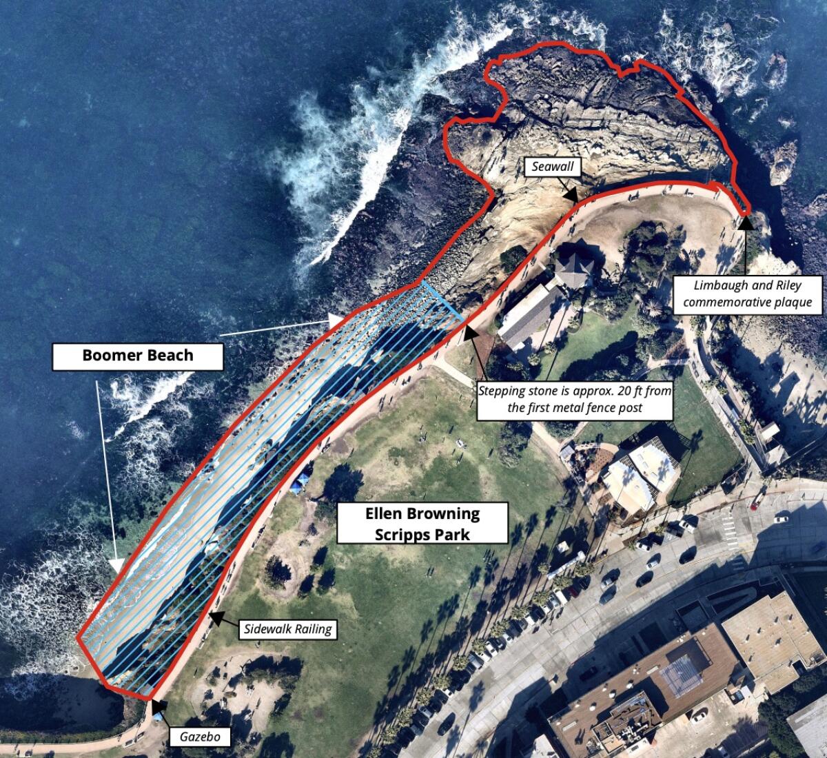 Point La Jolla and Boomer Beach, outlined in red