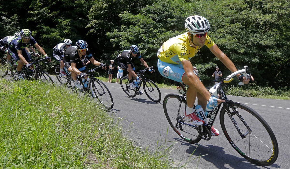 Vincenzo Nibali leads a pack of riders on a climb in the Alps during the 13th stage of the Tour de France on Friday.