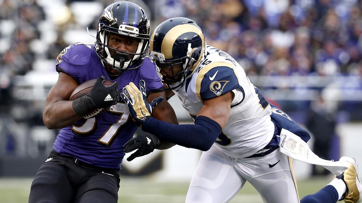 Rams safety T.J. McDonald forces Ravens running back Javorius Allen out of bounds after a receptions during a game Nov. 22.