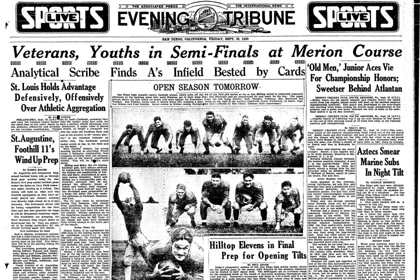 San Diego's first night football game in reported on the Evening Tribune sports page on Friday, Sept. 26, 1930.
