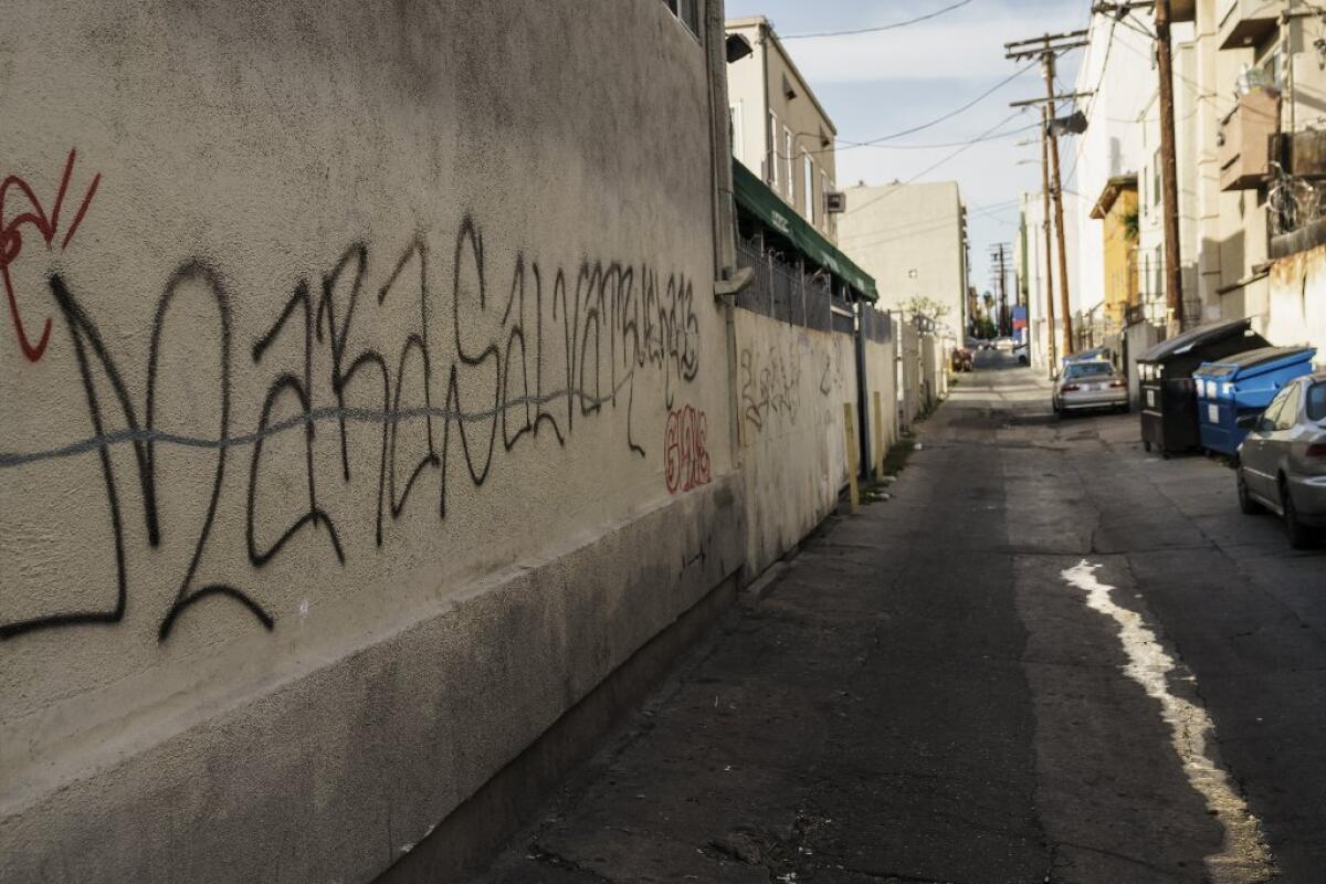 MS-13 graffiti on a wall in a Los Angeles alley in April 2018.