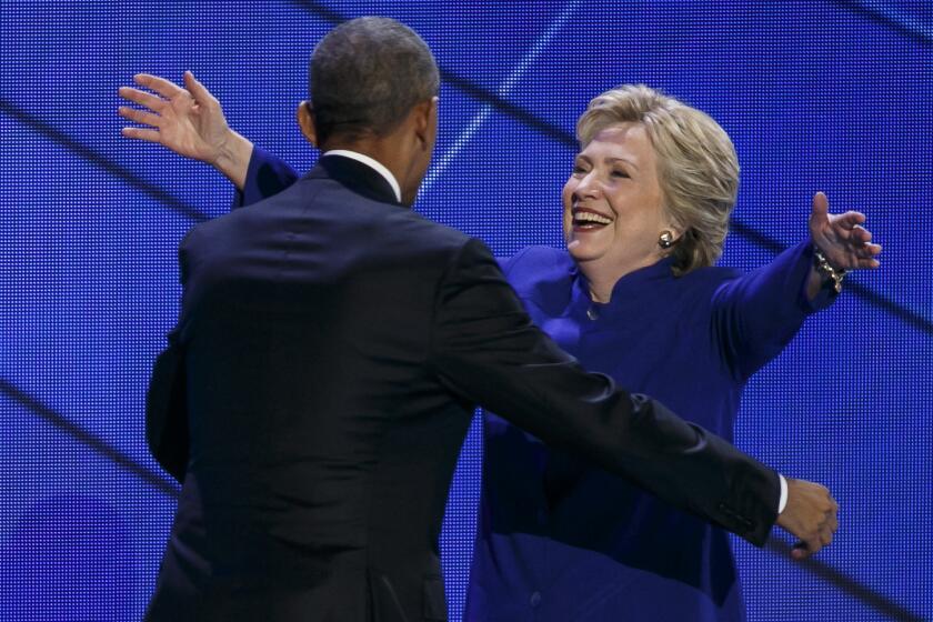 President Obama and Hillary Clinton at the Democratic National Convention in Philadelphia.