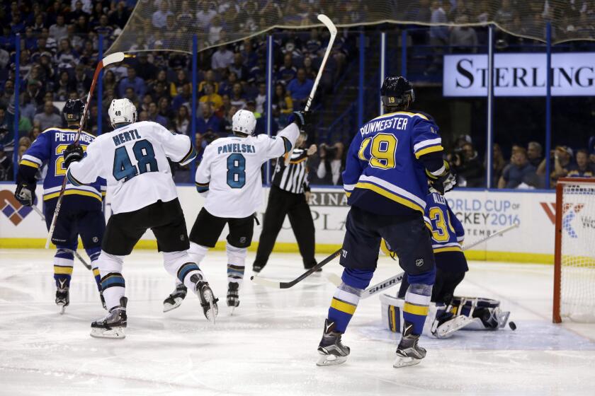 Sharks center Joe Pavelski (8) celebrates after scoring a goal during the third period in Game 5 of the Western Conference finals against the St. Louis Blues.