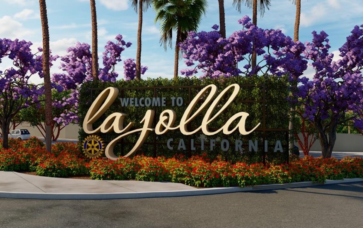 This proposal for a "Welcome to La Jolla" sign would be at the triangular median at La Jolla Shores Drive and Torrey Pines.