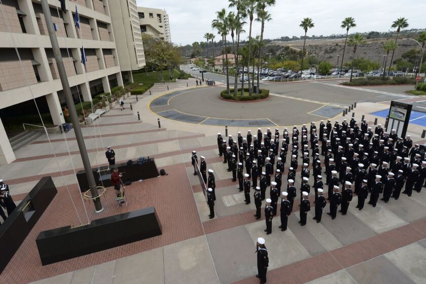 Sailors assigned to Naval Medical Center San Diego (NMCSD) practice formation before marching in the San Diego Veterans Day Parade with the theme âA Tribute to Veterans of Afghanistan and Iraq Wars.â More than 160 NMCSD Sailors marched in the parade to honor the service of all our nation's veterans.