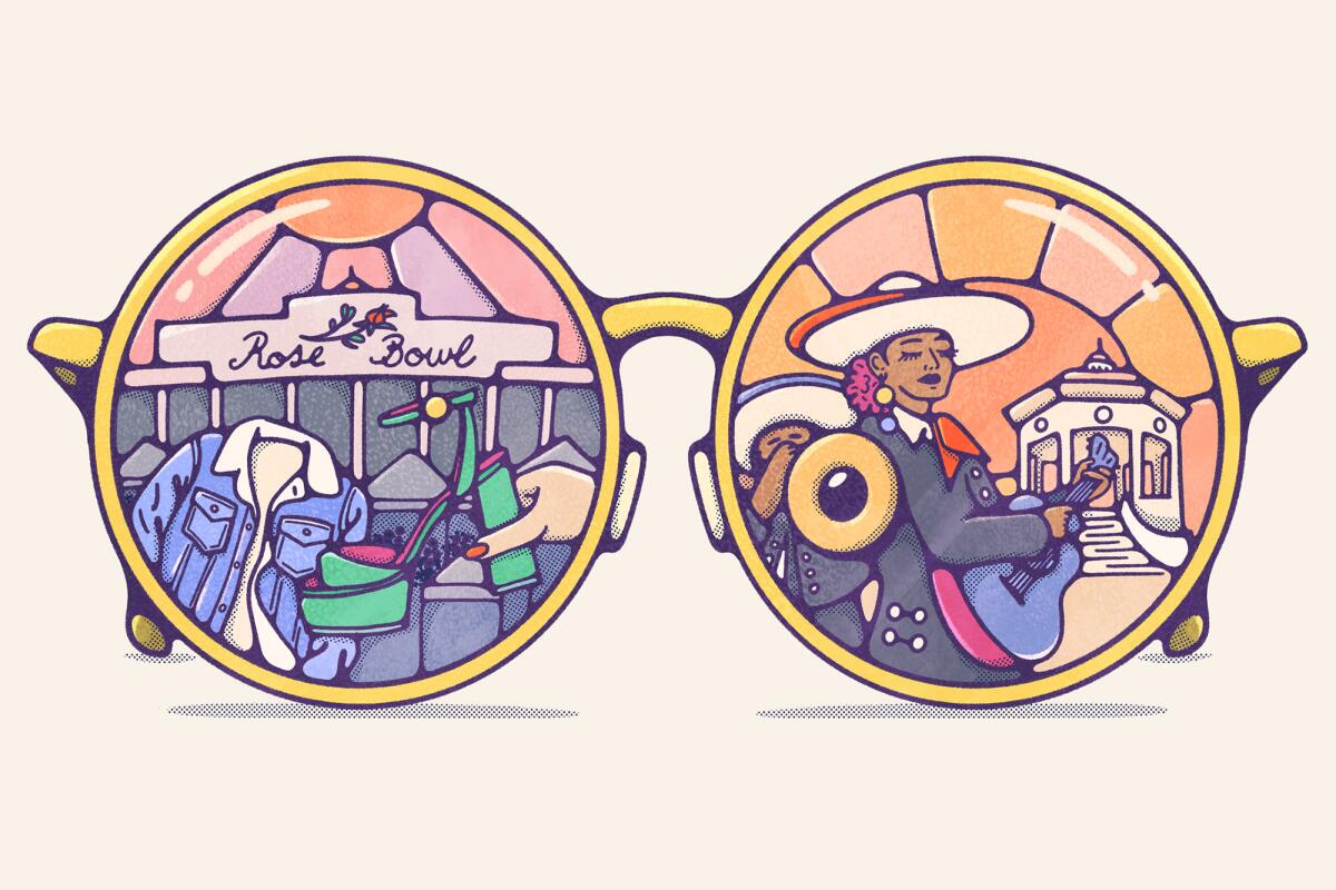 An illustration shows sunglasses with images in the lenses of clothes shopping at the Rose Bowl and mariachis.