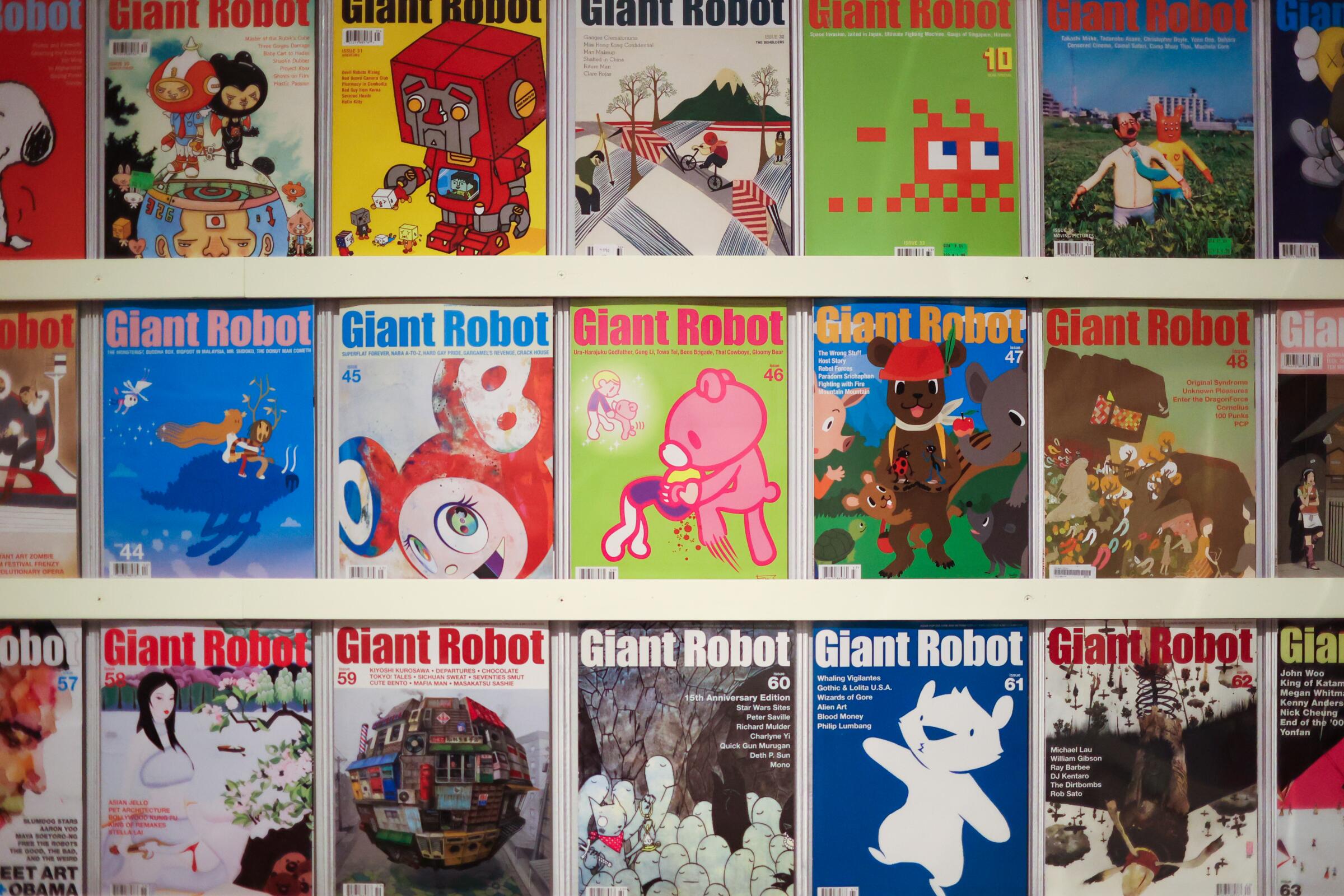 Magazine covers of Giant Robot are displayed at the Japanese American National Museum.