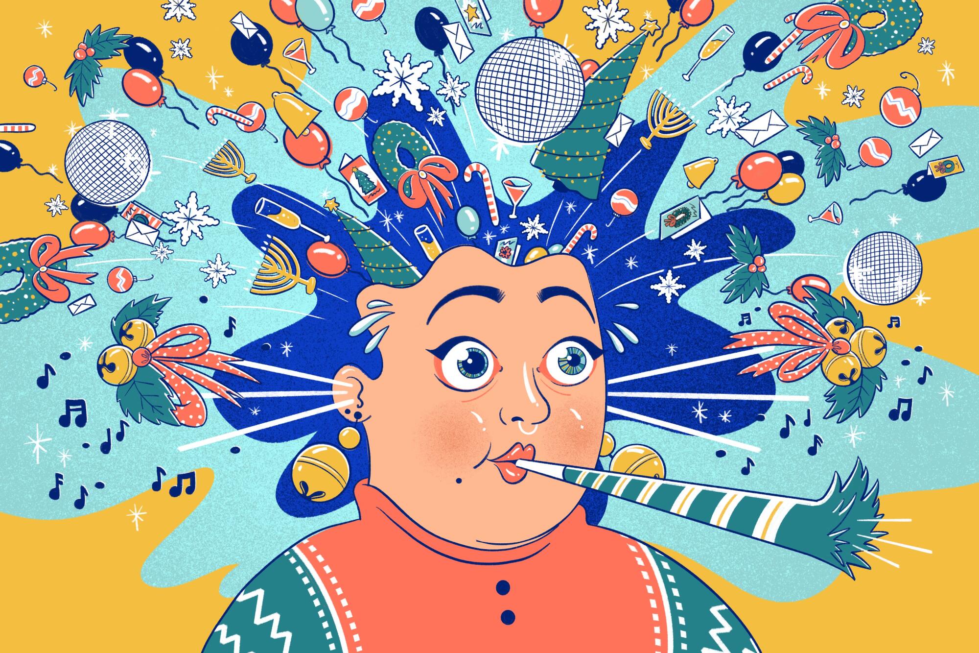 Illustration of a woman with her head exploding filled with holiday objects and symbols