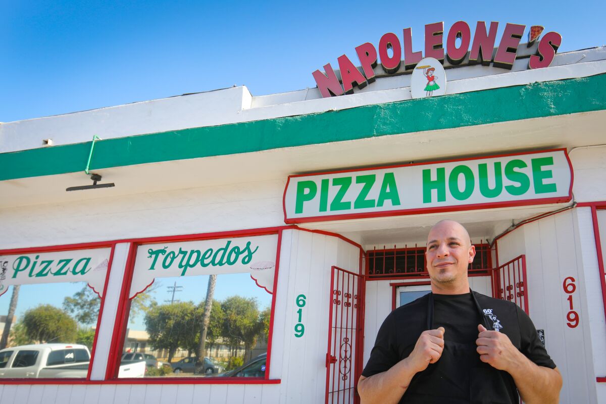 Peter Crivello, third generation owner of Napoleone's Pizza House on National City Boulevard welcomes the new development in the area. Revitalization is good, he said. Photographed November 12, 2019.