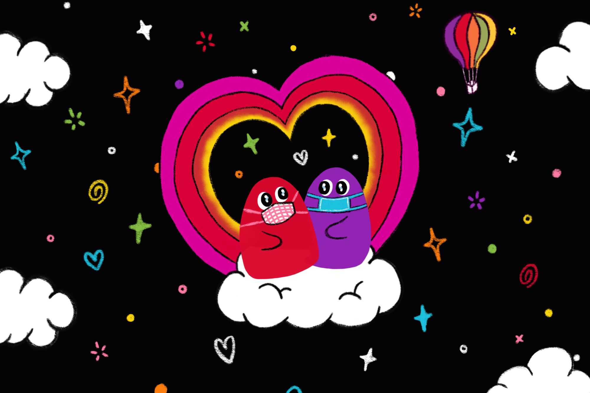 An illustration of two blobs wearing masks, sitting on a cloud in front of a rainbow heart