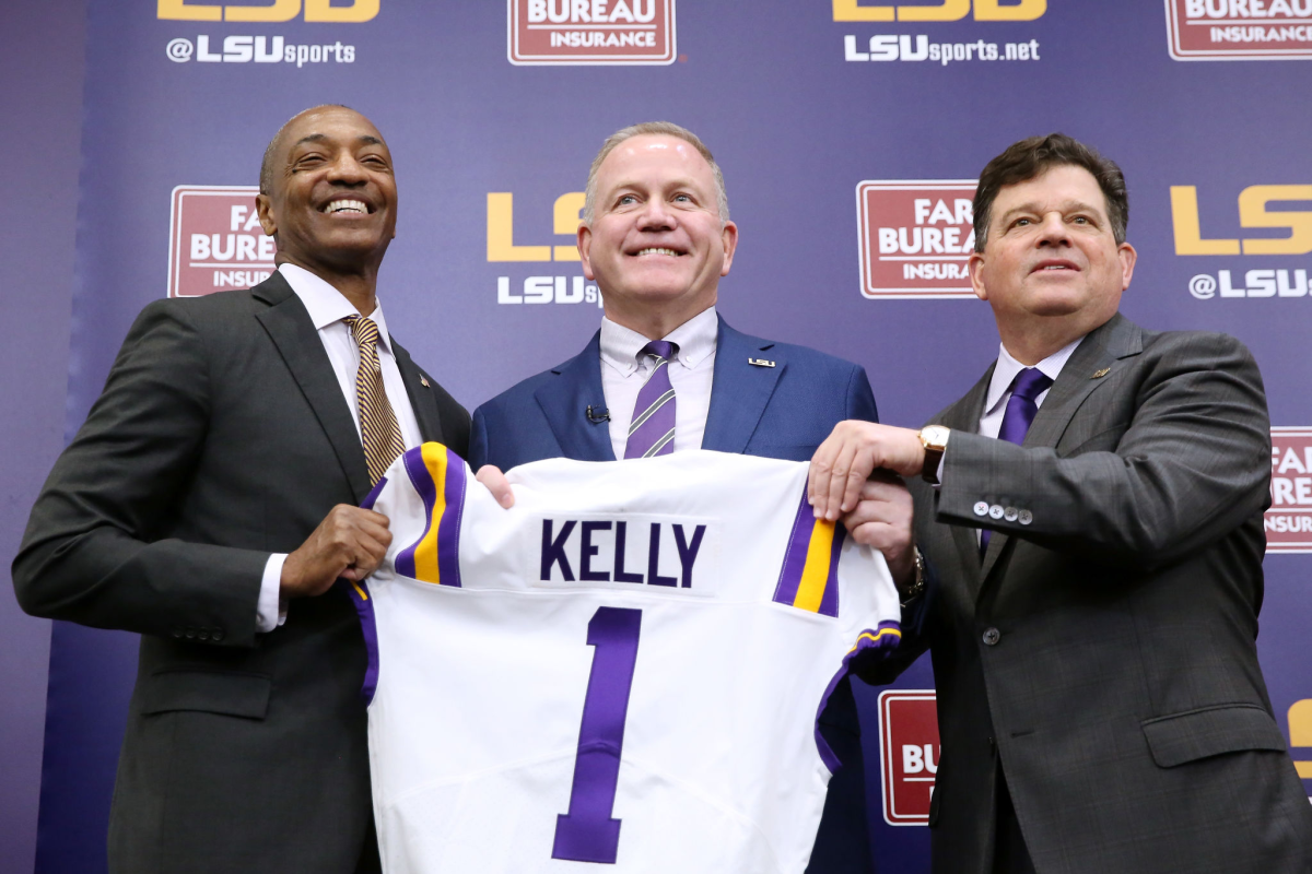 Brian Kelly is introduced as LSU's head coach by William F. Tate IV and Scott Woodward.