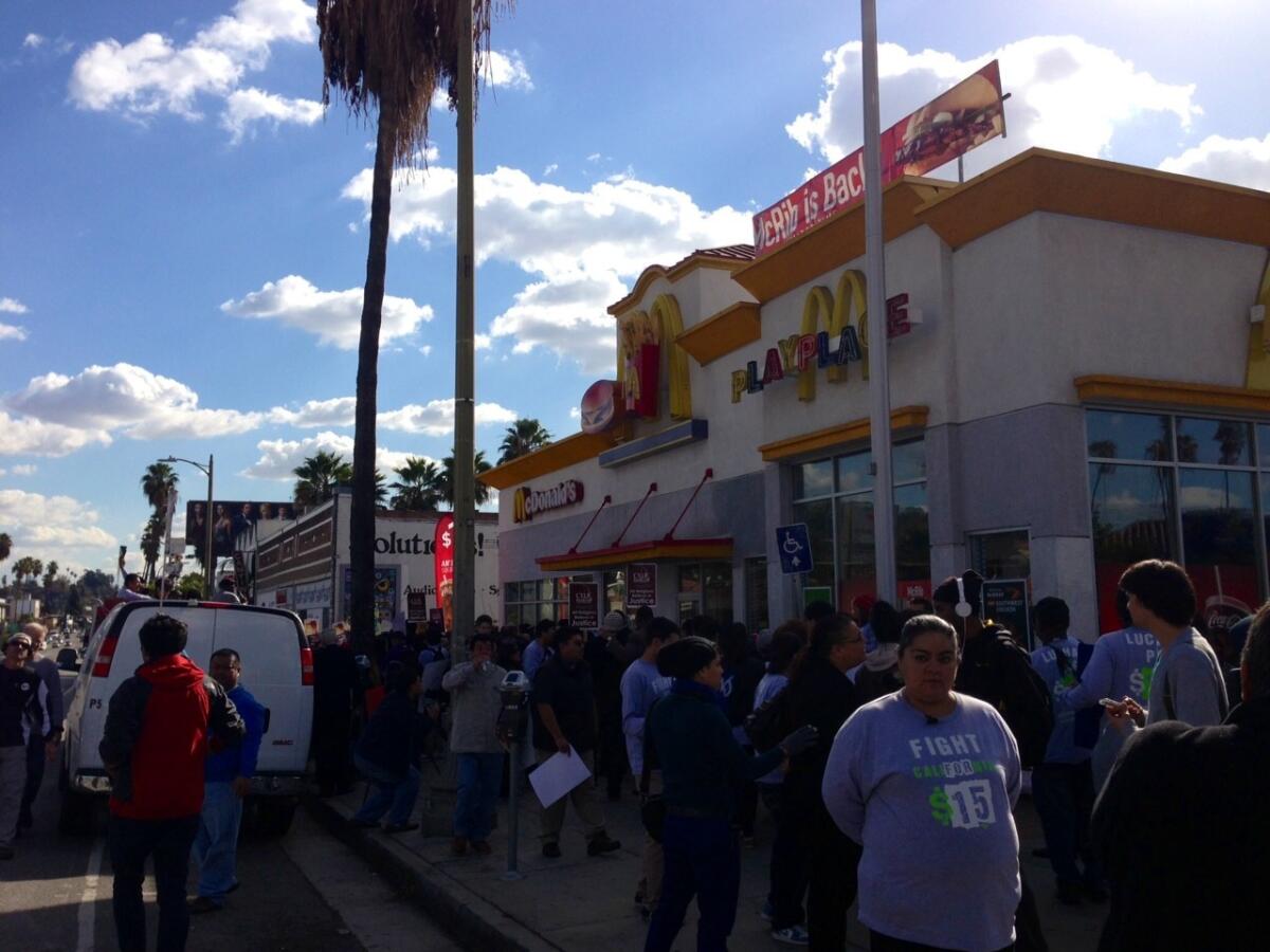 Workers, union organizers and supporters protest for higher wages outside a McDonald's in Silver Lake.
