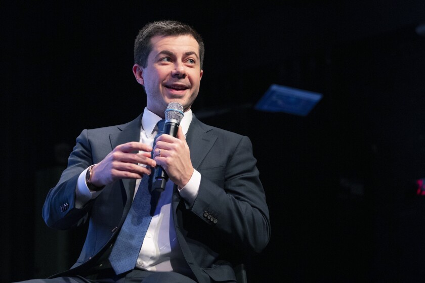Democratic presidential candidate former South Bend, Ind., Mayor Pete Buttigieg speaks during the New Hampshire Youth Climate and Clean Energy Town Hall, Wednesday, Feb. 5, 2020, in Concord, N.H. (AP Photo/Mary Altaffer)