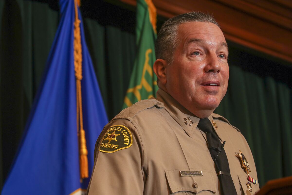 Sheriff Alex Villanueva at a news conference in the Hall of Justice on Feb. 15, 2022