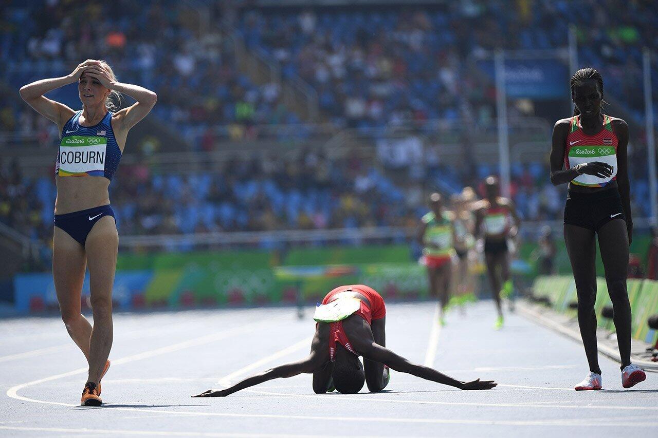 Bahrain's Ruth Jebet (C) celebrates after she won the Women's 3000m Steeplechase Final during the athletics event at the Rio 2016 Olympic Games at the Olympic Stadium in Rio de Janeiro.