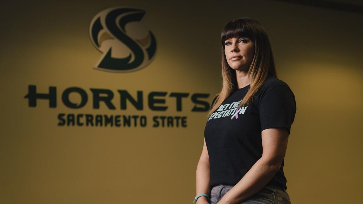Brenda Tracy, photographed here at Sacramento State on Oct. 17, is an activist who has turned her worst memory — an alleged sexual assault by four athletes in 1998 — into a crusade against sexual violence.