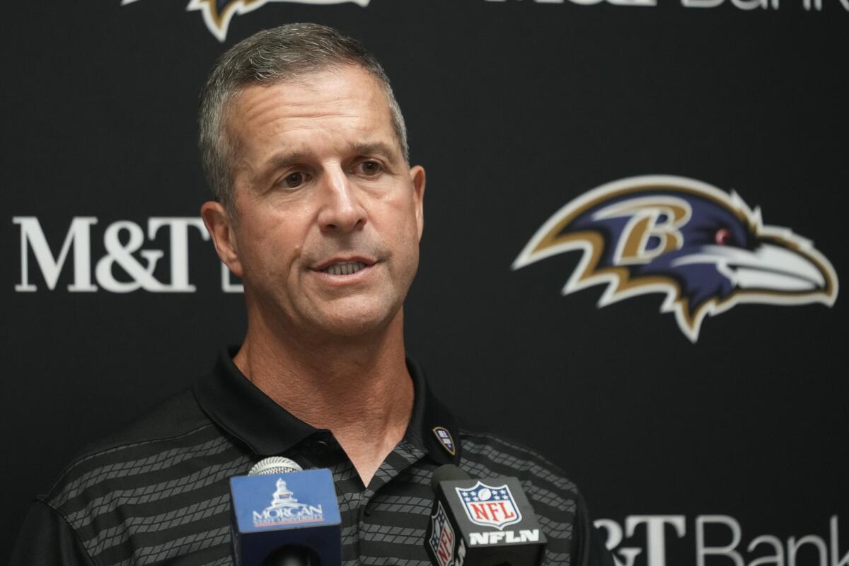  Ravens coach John Harbaugh speaks to the media after losing in Week 1 to the Chiefs.