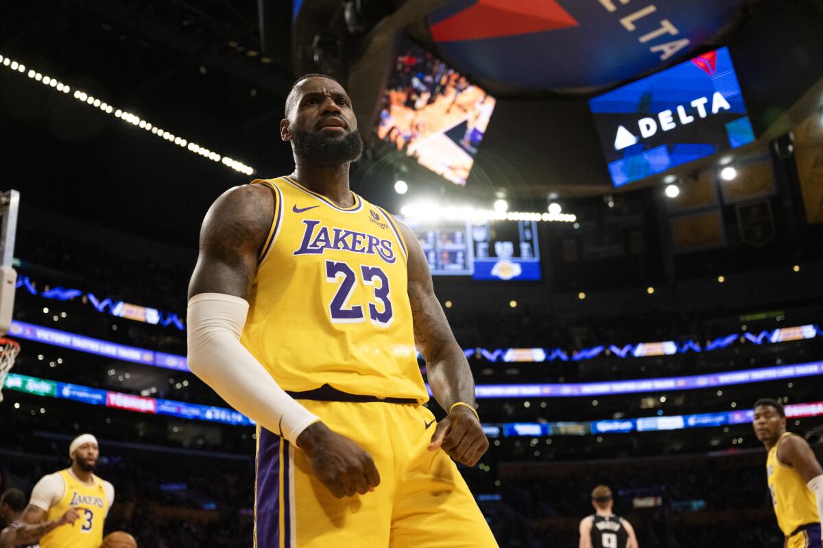 Lakers forward LeBron James stares at the crowd after getting fouled while driving to the basket against the Kings
